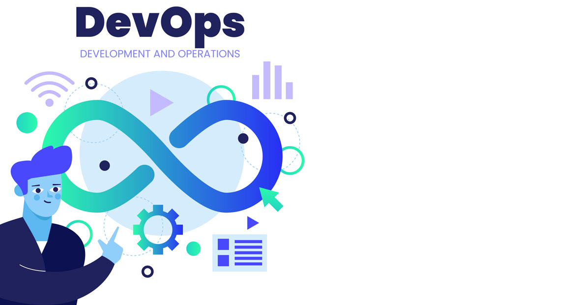 Illustration colorée DevOps avec icônes et personnage, symbolisant l'intégration et la livraison continues.