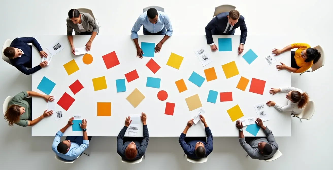 Vue plongeante d'une équipe autour d'une table avec graphiques et documents